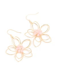 Gold Pink Beaded 3D Flower Drop Earrings