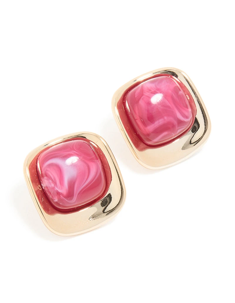 Gold Hot Pink Marble Centre Stud Earrings
