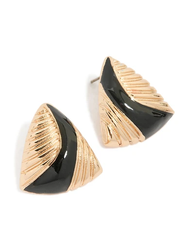 Gold Black Enamel Textured Ribbed Stud Earrings