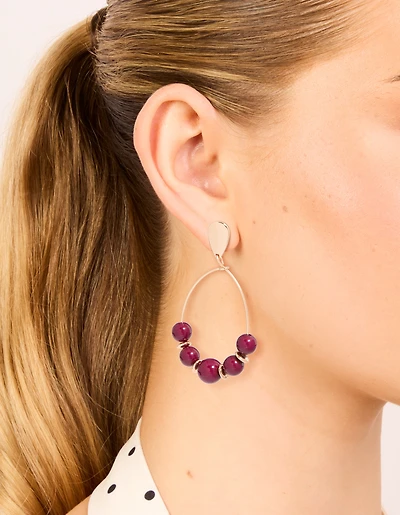 Gold Dark Red Beaded Drop Earrings