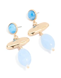 Gold Abstract Blue Stone Drop Earrings