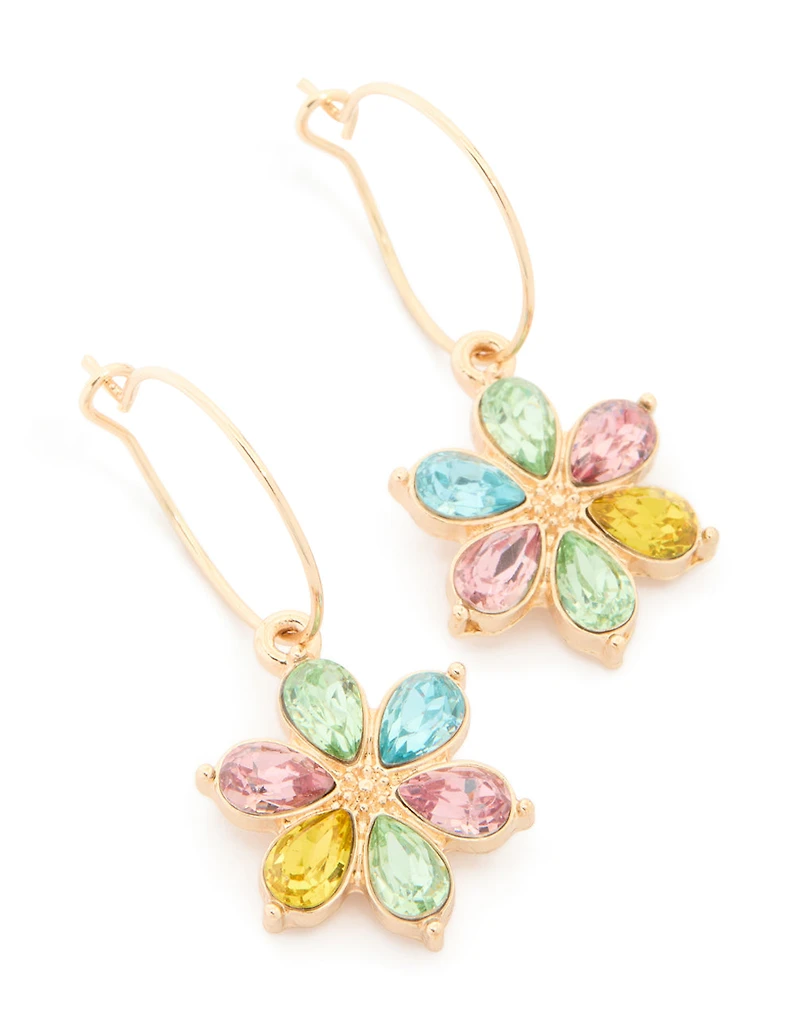 Gold Multicoloured Diamante Flower Huggie Earrings