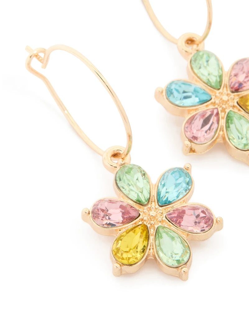 Gold Multicoloured Diamante Flower Huggie Earrings