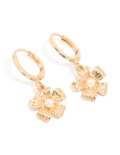 Gold Pearl Floral Drop Huggie Earrings