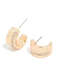 Gold Diamante Molten Textured Huggie Style Stud Earrings