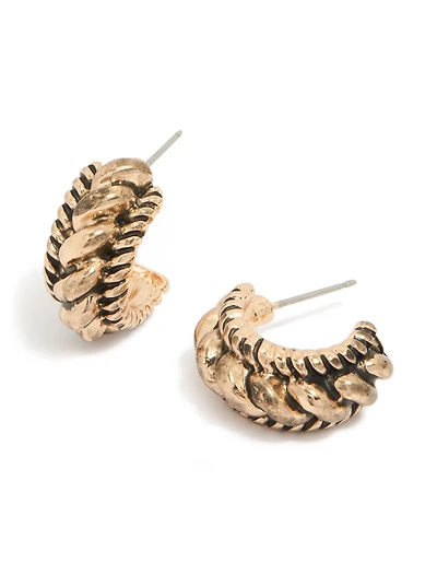 Antique Gold Ribbed Twisted Huggie Earrings
