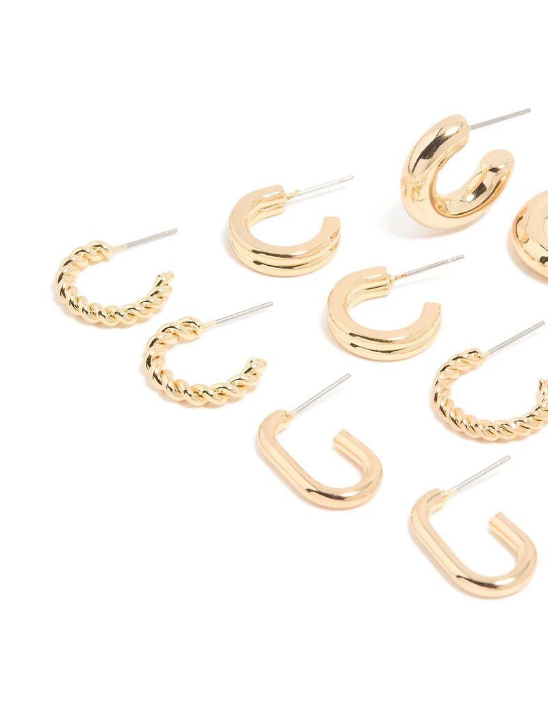 Gold Twisted & Rectangle Hoop Earrings 8-Pack