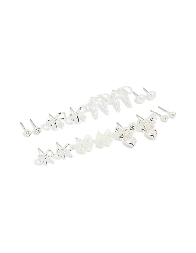 Silver Pearl & Bow Mixed Stud Earrings 8-Pack