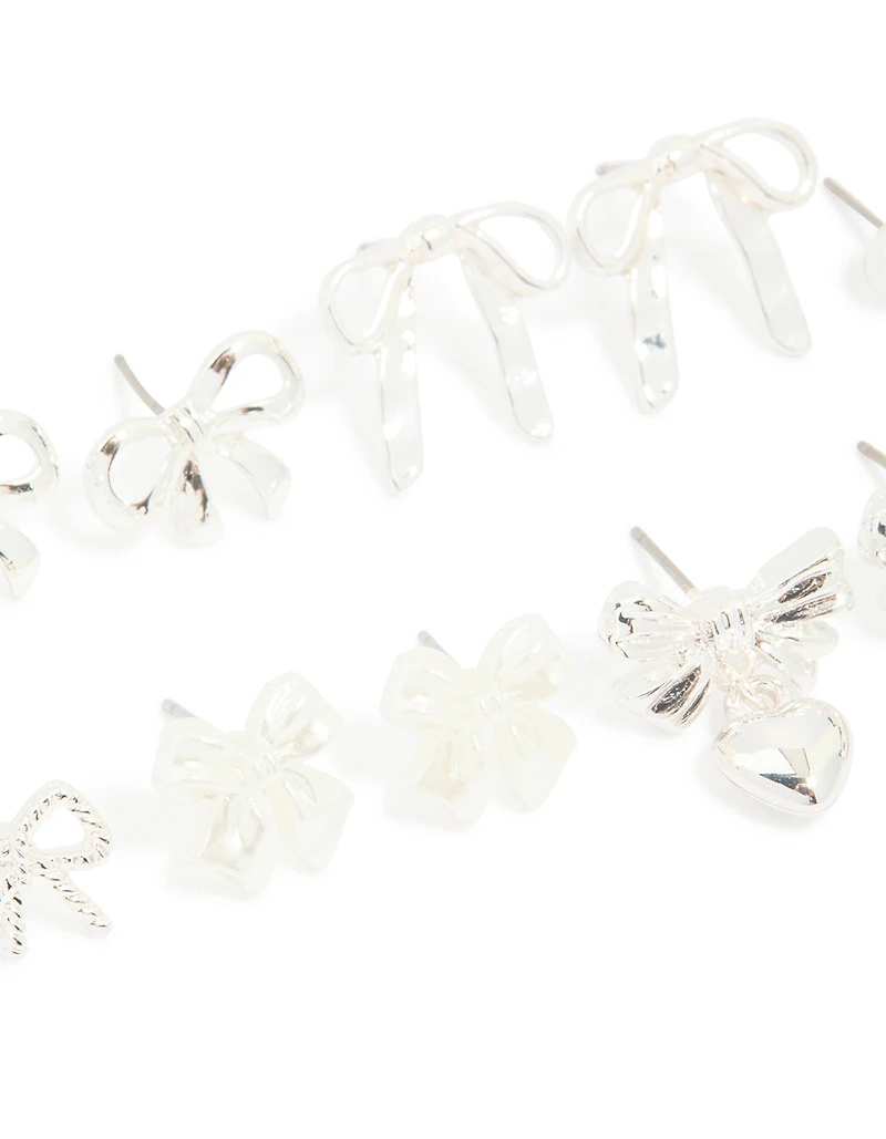 Silver Pearl & Bow Mixed Stud Earrings 8-Pack