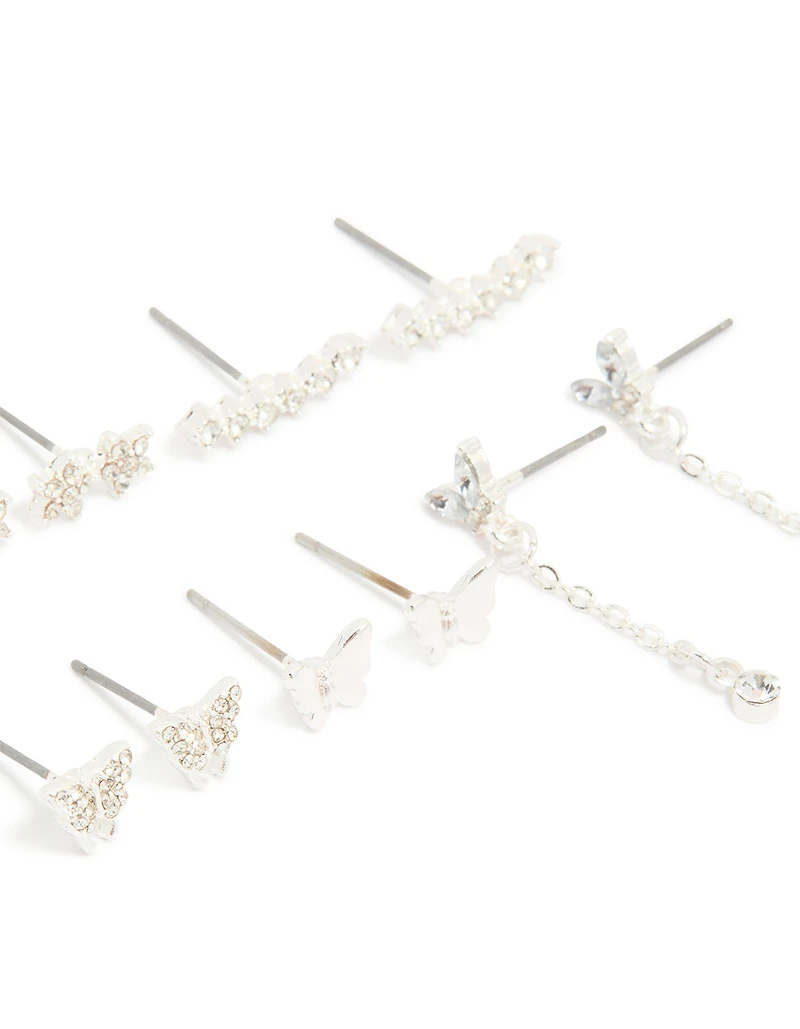 Silver Diamante Butterfly Chain & Ball Stud Earrings 8-Pack