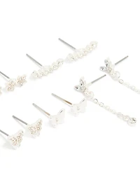 Silver Diamante Butterfly Chain & Ball Stud Earrings 8-Pack