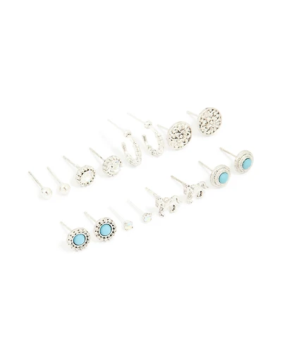 Antique Silver Turquoise Stone & Unicorn Stud Earrings 8-Pack
