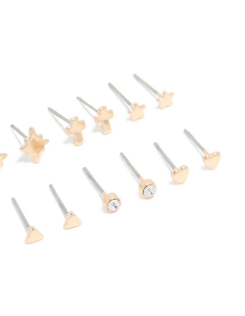 Gold Cross & Star Stud Earrings 8-Pack