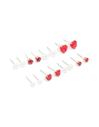 Gold Red Diamante Heart & Pearl Earrings 8-Pack