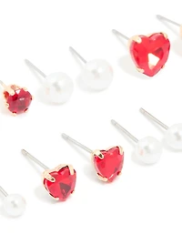 Gold Red Diamante Heart & Pearl Earrings 8-Pack