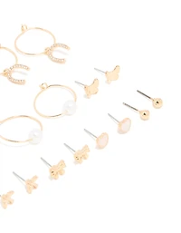 Gold Pearl Diamante & Coffee Earrings 12-Pack