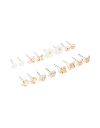 Gold Pearl Flower & Butterfly Earrings 8-Pack