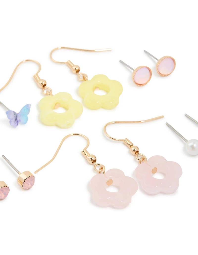 Boucles d’oreilles dorées tulipes et fleurs en paquet de 8