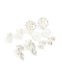 Boucles d’oreilles argentées diamants et perles à pince en paquet de 4