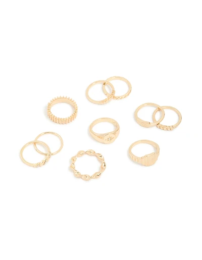 Gold Signet Ribbed & Twisted Rings 10-Pack
