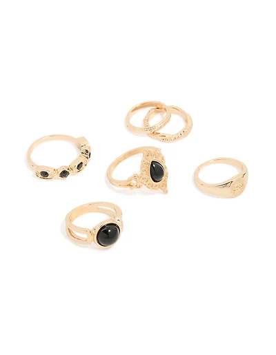 Gold Black Stone Twisted Vintage Evil Eye Rings 6-Pack