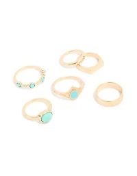 Gold Blue Stone & Band Rings 6-Pack