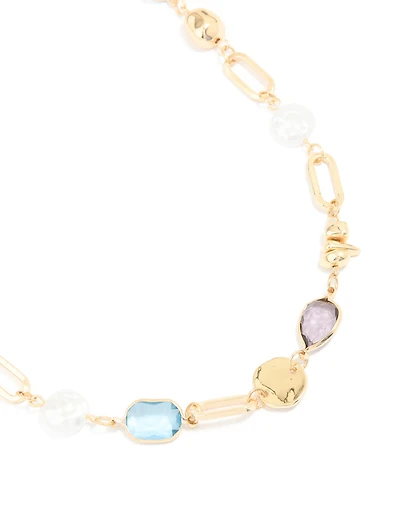 Long collier de perles d’or et diamants multicolores