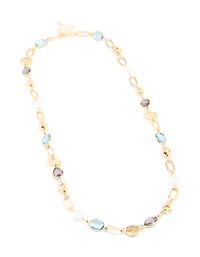 Gold Pearl & Multicoloured Diamantes Long Necklace
