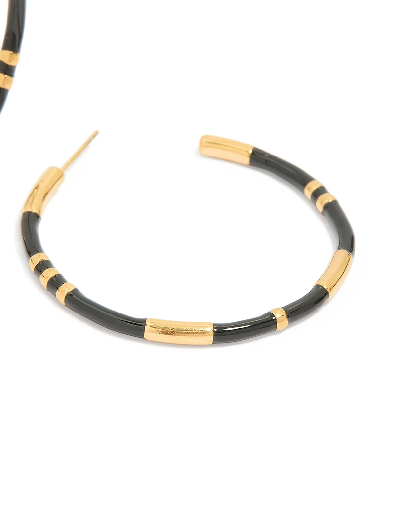 Waterproof Gold Plated Stainless Steel Black Enamel Striped Hoop Earrings