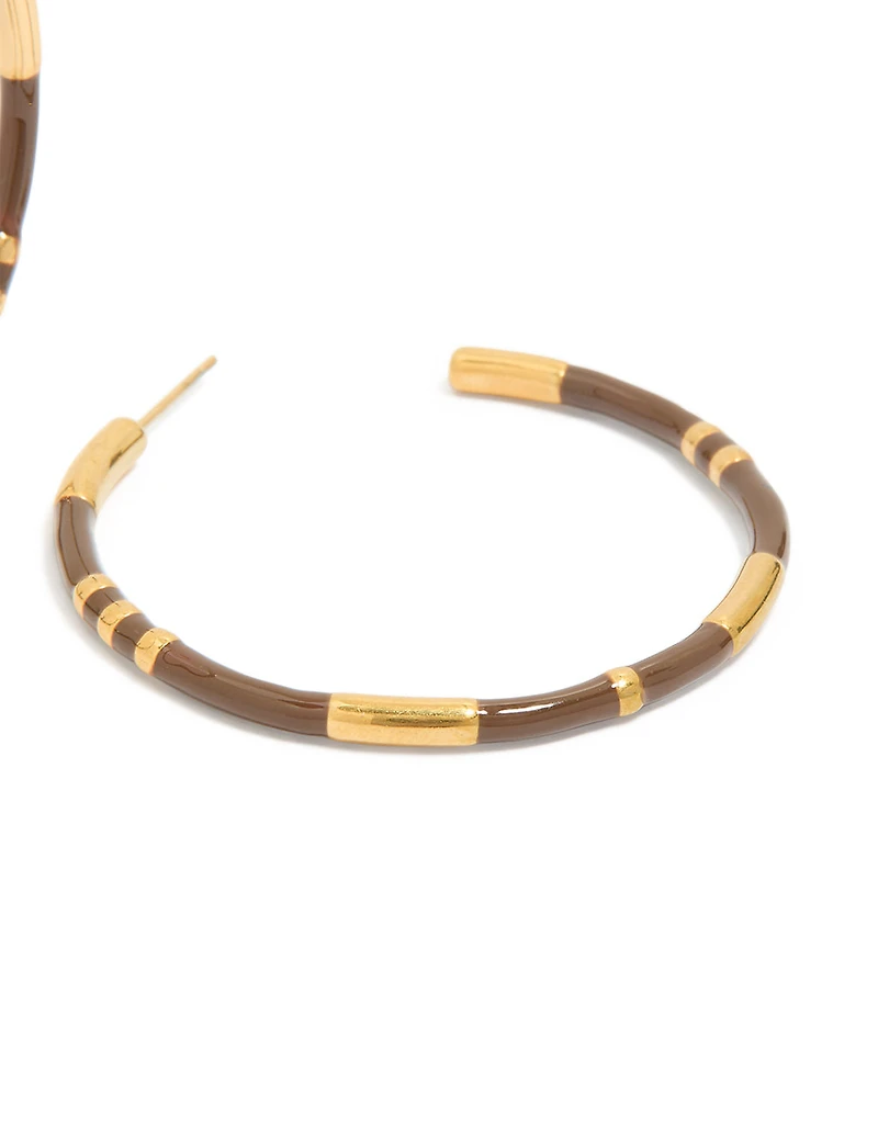Waterproof Gold Plated Stainless Steel Brown Enamel Hoop Earrings