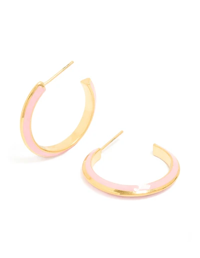 Waterproof Gold Plated Stainless Steel Light Pink Enamel Hoop Earrings