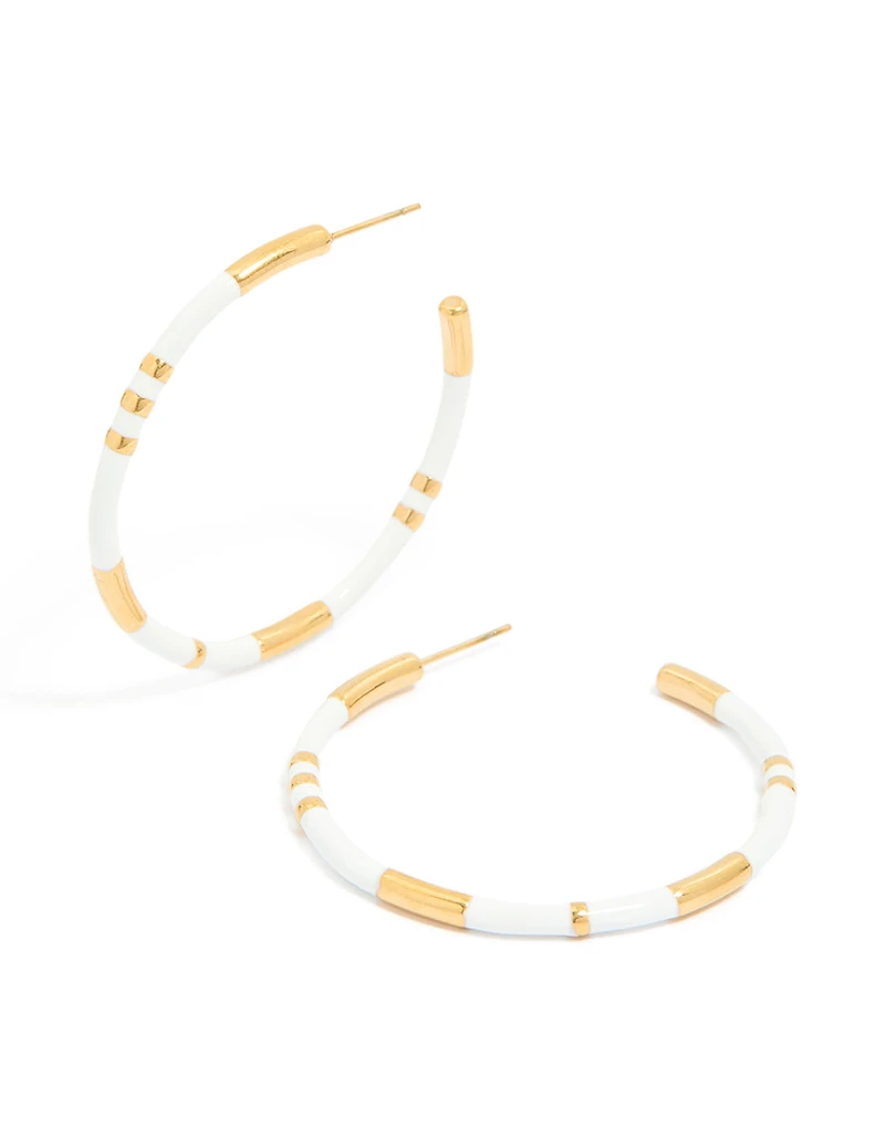 Waterproof Gold Plated Stainless Steel White Enamel Hoop Earrings