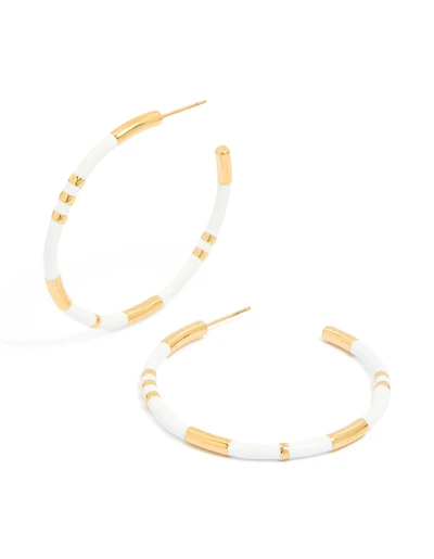 Waterproof Gold Plated Stainless Steel White Enamel Hoop Earrings