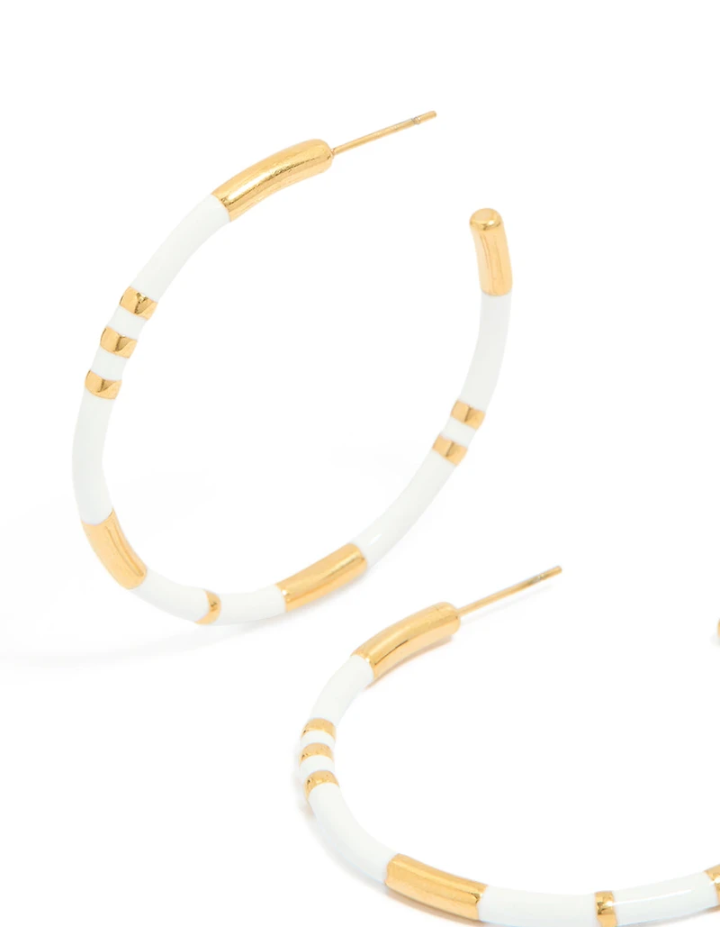 Waterproof Gold Plated Stainless Steel White Enamel Hoop Earrings