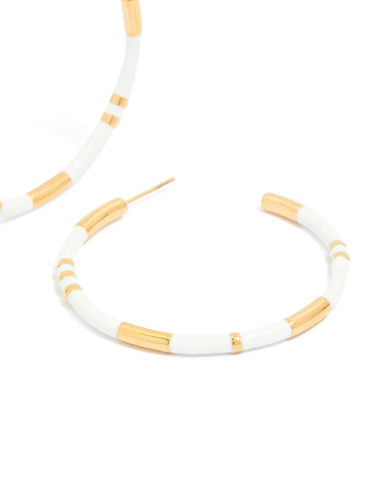 Waterproof Gold Plated Stainless Steel White Enamel Hoop Earrings