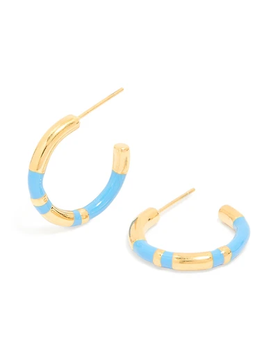 Waterproof Gold Plated Stainless Steel Small Blue Enamel Stripe Hoop Earrings