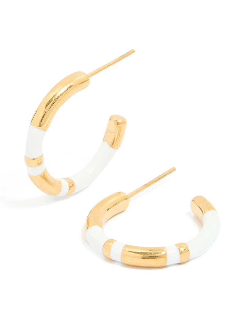Waterproof Gold Plated Stainless Steel Small Stripe White Enamel Hoop Earrings
