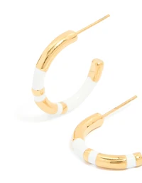 Waterproof Gold Plated Stainless Steel Small Stripe White Enamel Hoop Earrings