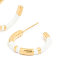 Waterproof Gold Plated Stainless Steel Small Stripe White Enamel Hoop Earrings