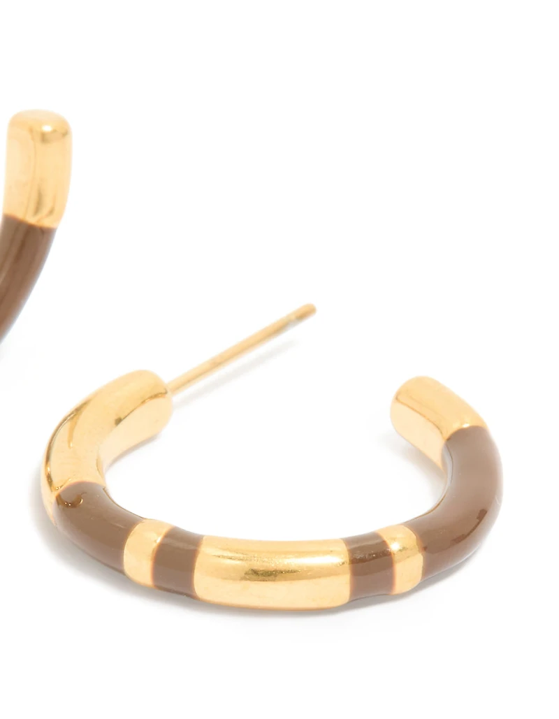Waterproof Gold Plated Stainless Steel Small Brown Enamel Stripe Hoop Earrings