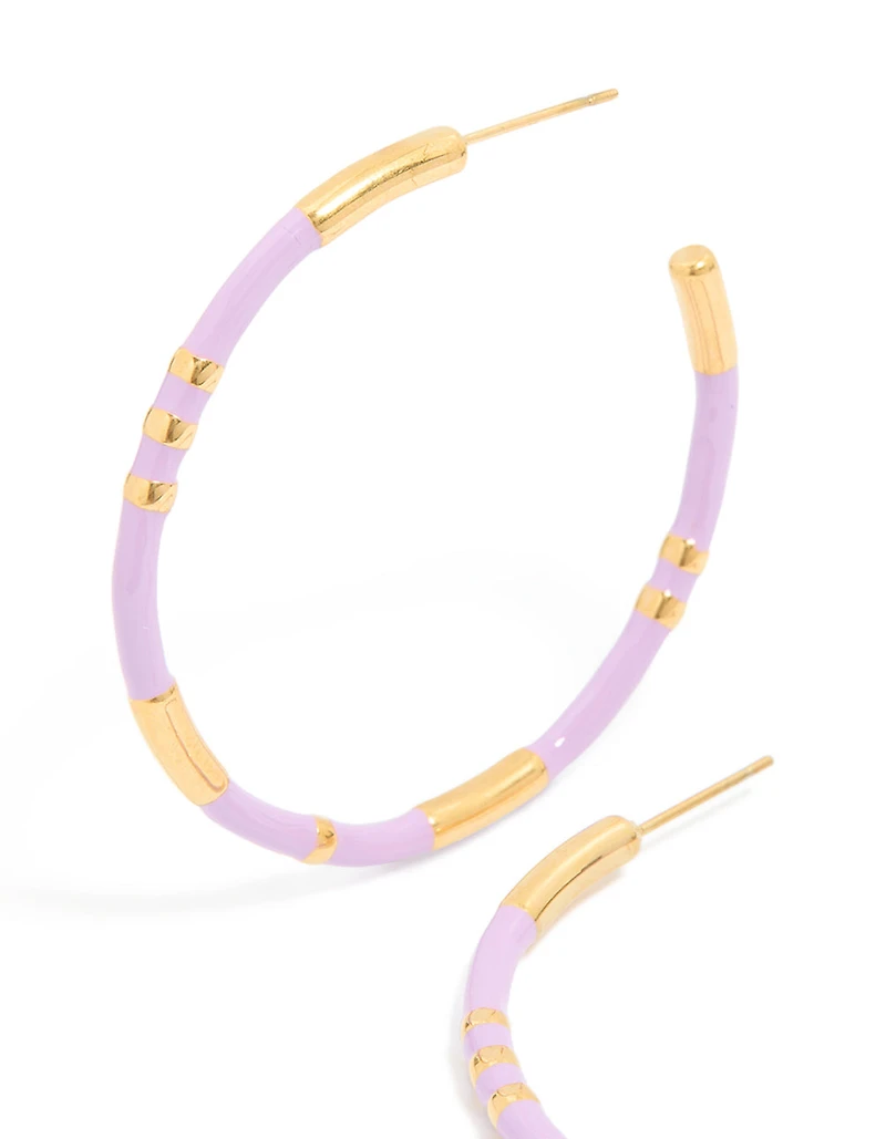 Waterproof Gold Plated Stainless Steel Lilac Enamel Hoop Earrings