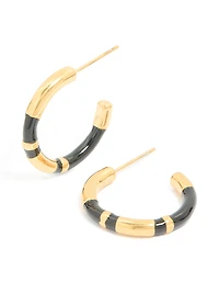 Waterproof Gold Plated Stainless Steel Small Black Enamel Stripe Hoop Earrings