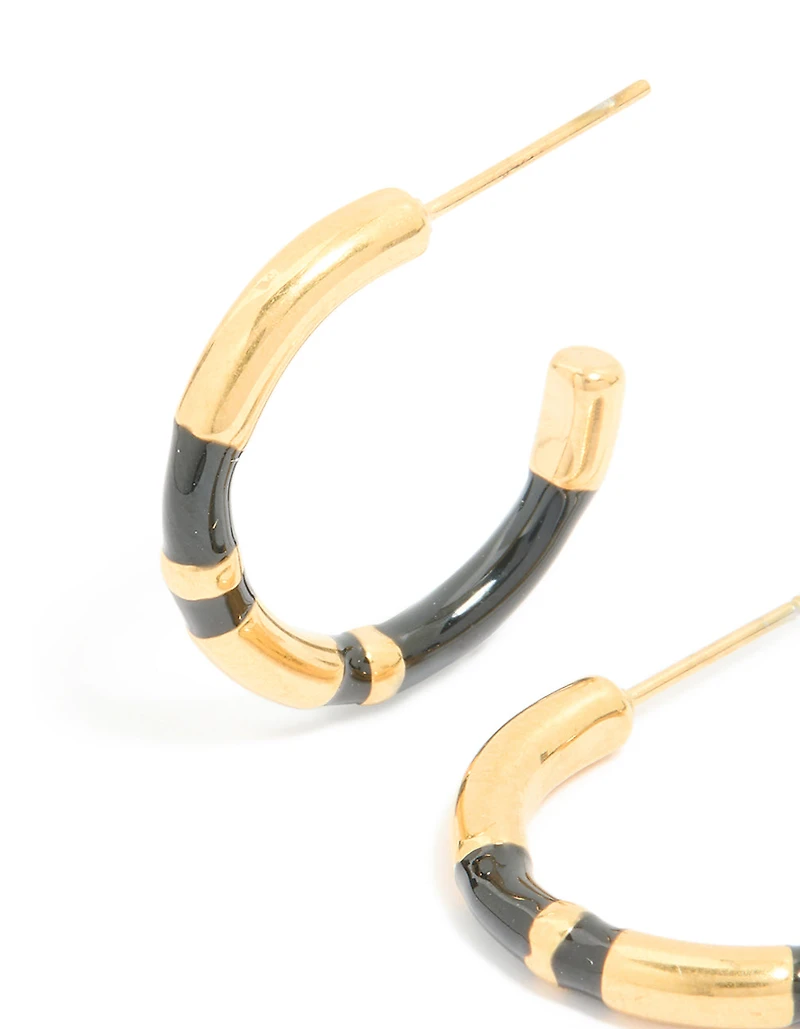 Waterproof Gold Plated Stainless Steel Small Black Enamel Stripe Hoop Earrings