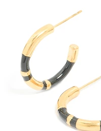 Waterproof Gold Plated Stainless Steel Small Black Enamel Stripe Hoop Earrings