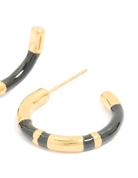 Waterproof Gold Plated Stainless Steel Small Black Enamel Stripe Hoop Earrings