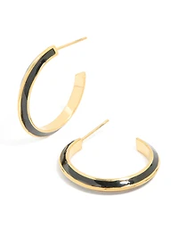 Waterproof Gold Plated Stainless Steel Black Enamel Stripe Hoop Earrings