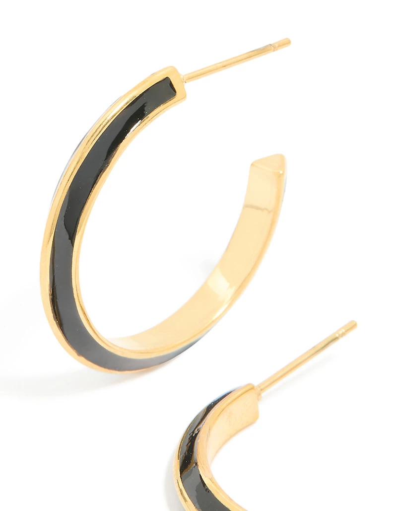 Waterproof Gold Plated Stainless Steel Black Enamel Stripe Hoop Earrings