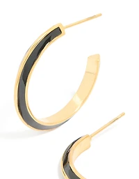 Waterproof Gold Plated Stainless Steel Black Enamel Stripe Hoop Earrings