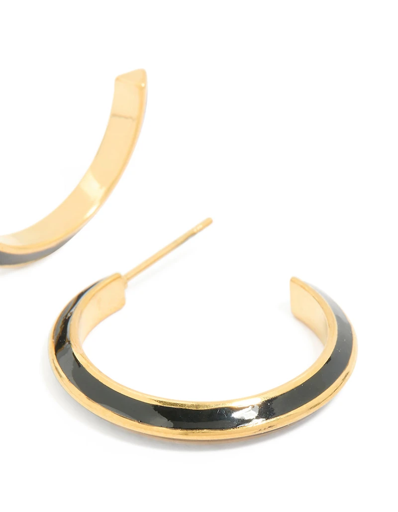 Waterproof Gold Plated Stainless Steel Black Enamel Stripe Hoop Earrings
