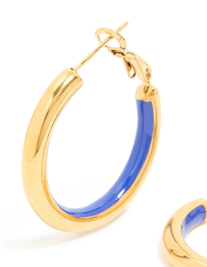 Waterproof Gold Plated Stainless Steel Half Dark Blue Enamel Hoop Earrings
